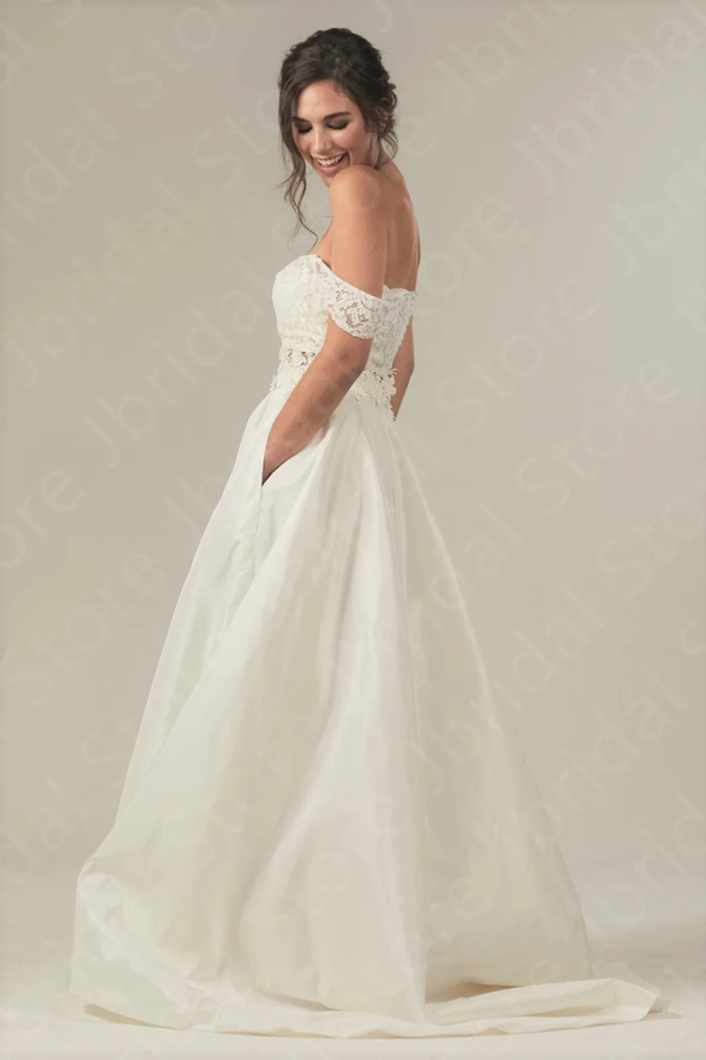 Customized Graceful Wedding Dresses Lace Two Pieces Bridal Gowns Off Shoulder Sleeve Bride Dresses Back Out Wedding Gowns Ivory