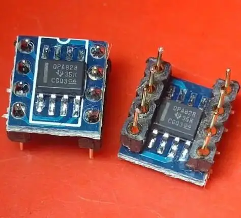 OPA828 single operational amplifier in two SOP packages converted into a double operational amplifier in a DIP package