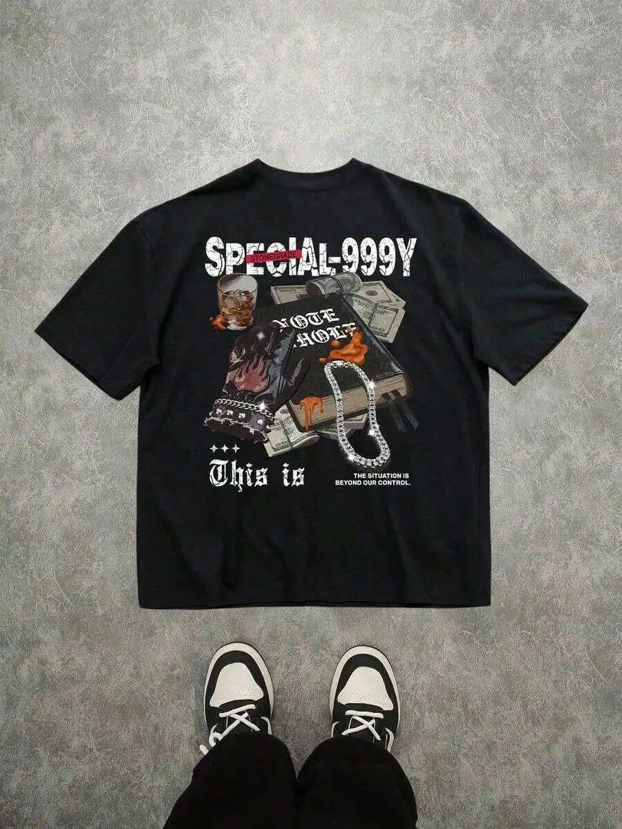 

Oversized Streetwear Graphic Print Black Cotton Tee With Chain Decoration
