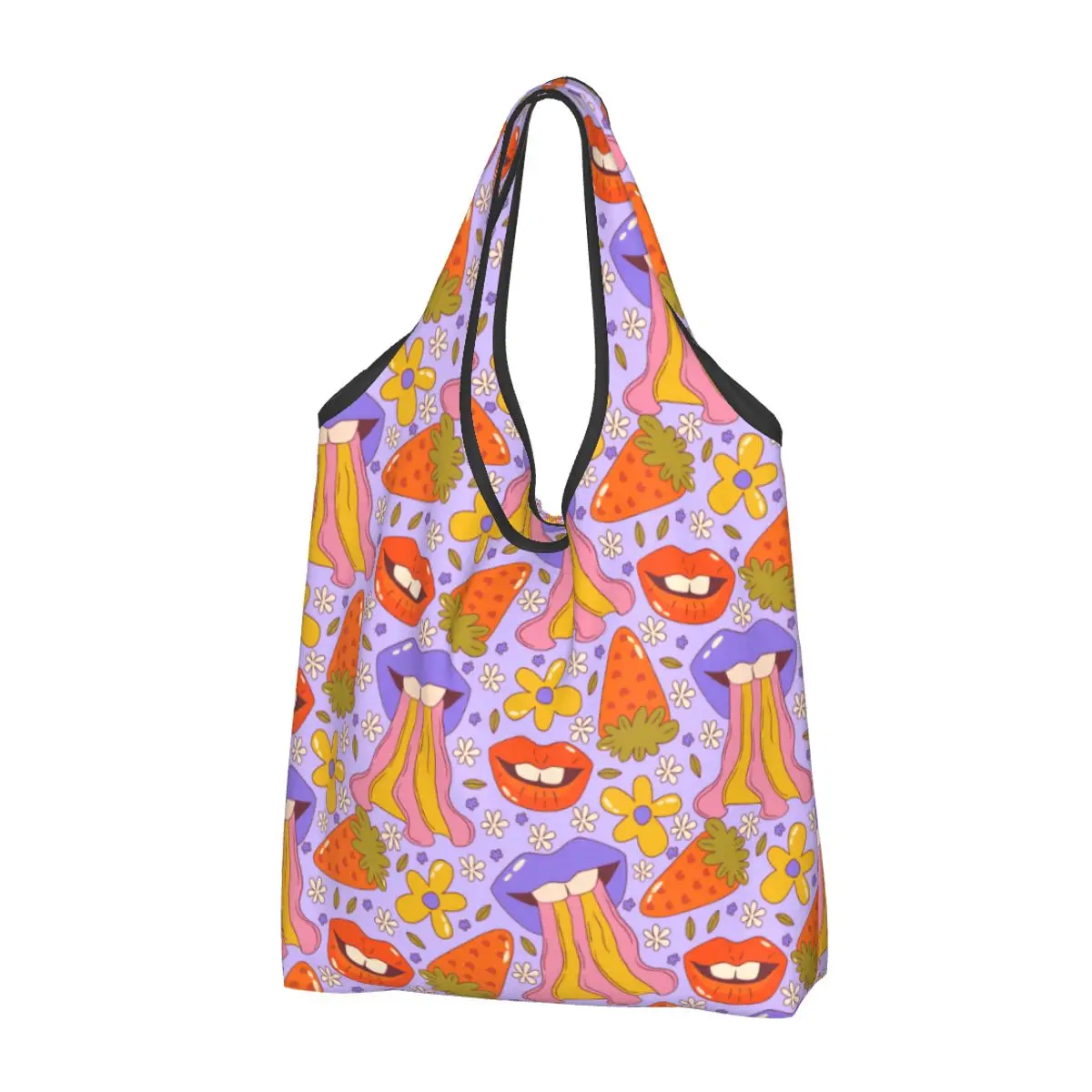 Trippy Groovy Flower Seamles Pattern Shopping Bag Reusable Grocery Tote Bags Large Capacity Recycling Bags Washable Handbag