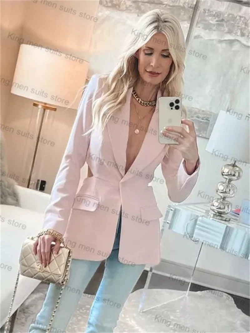 Pink Women Suits Pants Set Sexy Hollow Blazer+Trousers 2 Pieces Formal Office Lady Coat Tailored Jacket Prom Dress Outfit