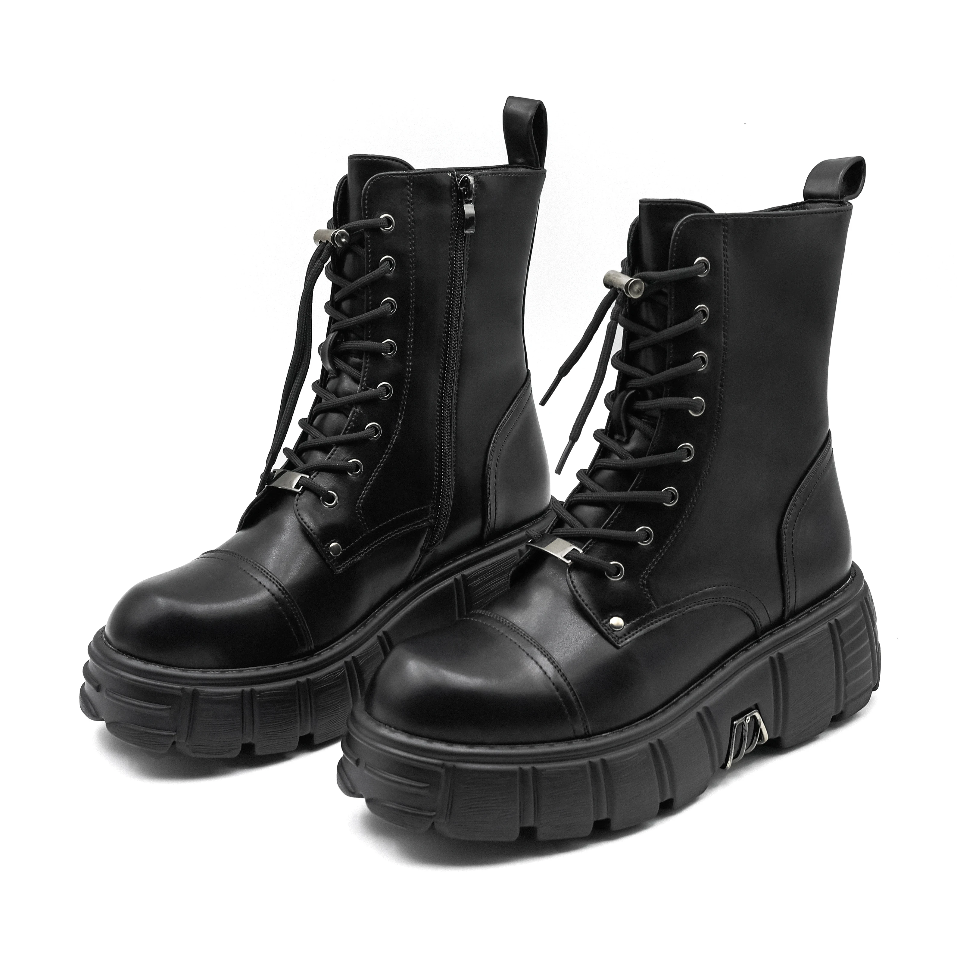 Punk Women Platform Ankle Boots Female's Rock Round Toe Lace Up Fashion Retro Chunky Shoes Metal Decor Short Boots