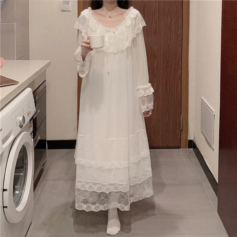 

Nightgowns Women Solid Loose Bow Long Sleeve Mid-calf V-Neck Leisure Home Princess Style Stylish Gentle Feminino Sleepshirts New