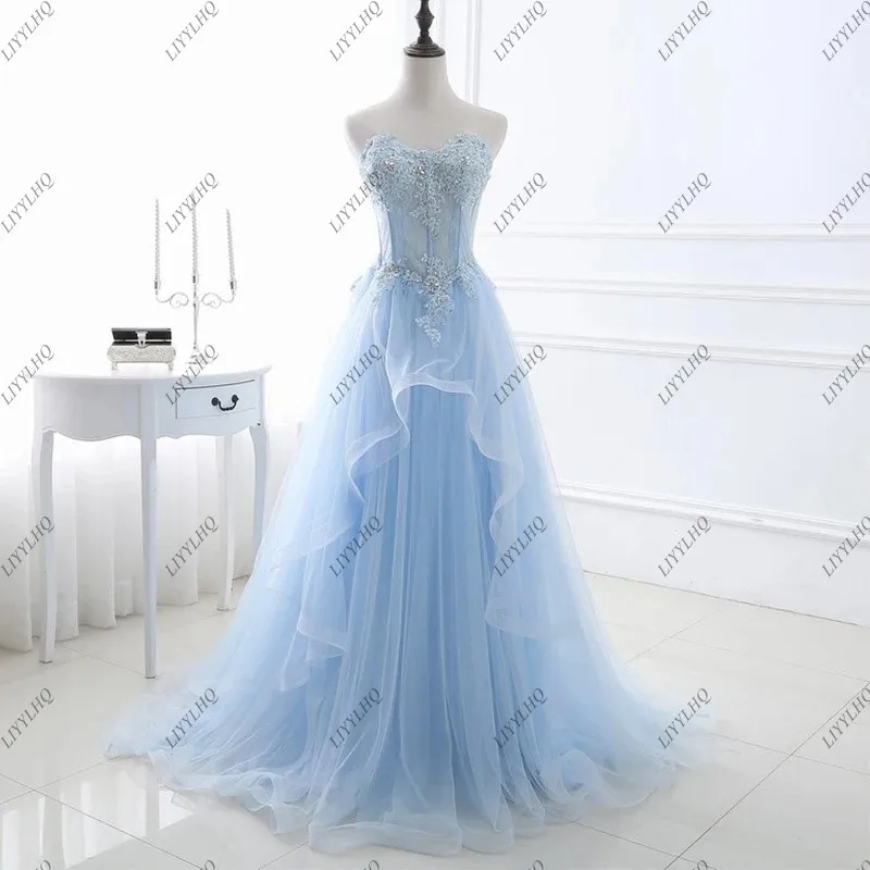 Pretty Light Blue Long Prom Dresses Shinning Sequins Appliques Beads A-Line Women Evening Dress Lace-Up SweetHeart  Party Gowns