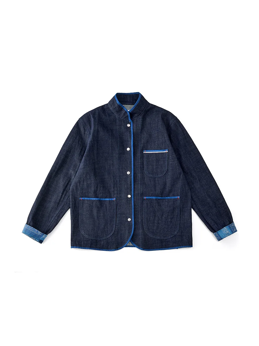 

Plant Blue Dye Indigo Chinese Style Casual Retro Stand Collar Washed Red Ear Denim Tang Suit Jacket