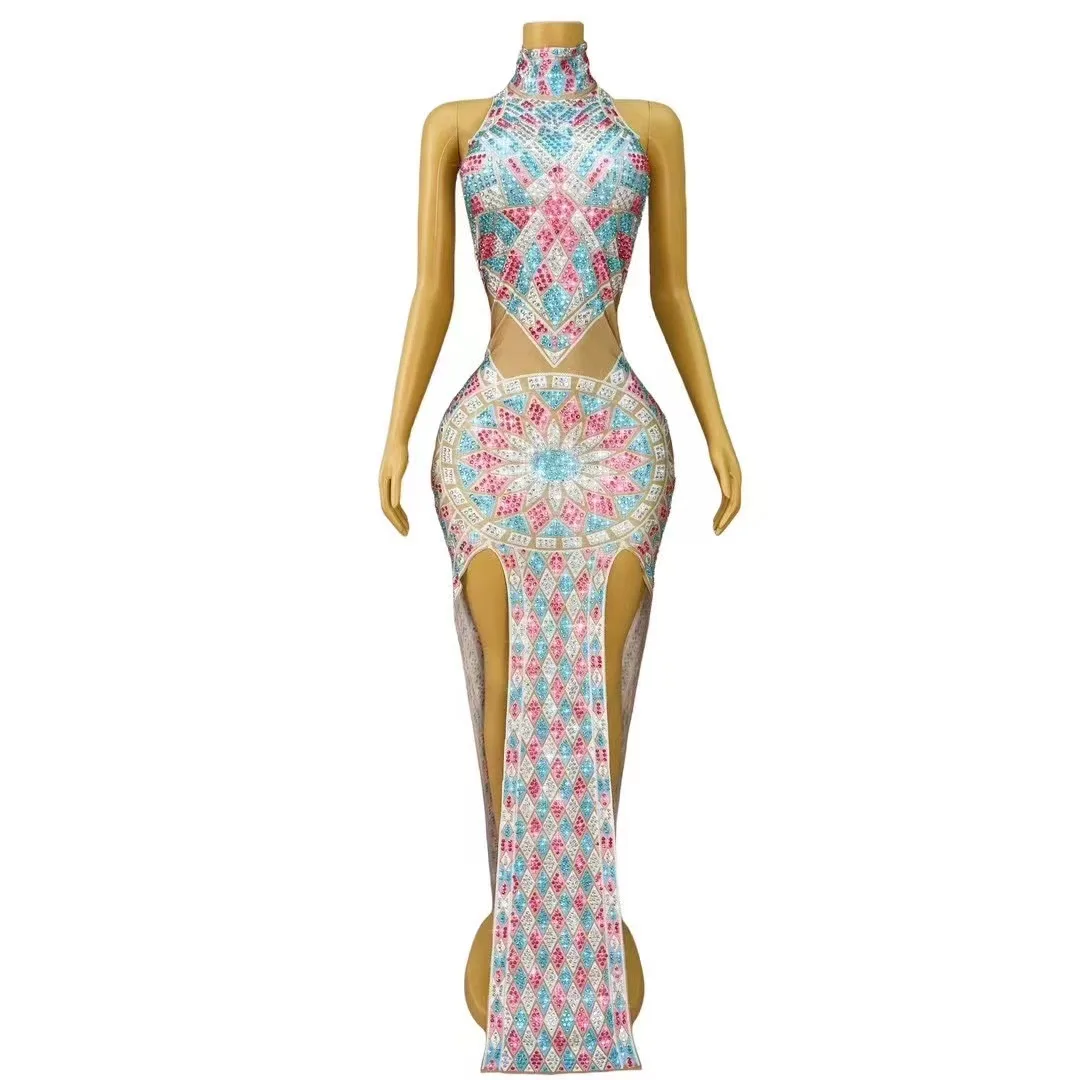 Women Sparkly colorful Rhinestone Stretch Long Dresses Evening Party Sexy Dresses Birthday Nightclub Stage  Performance Costume