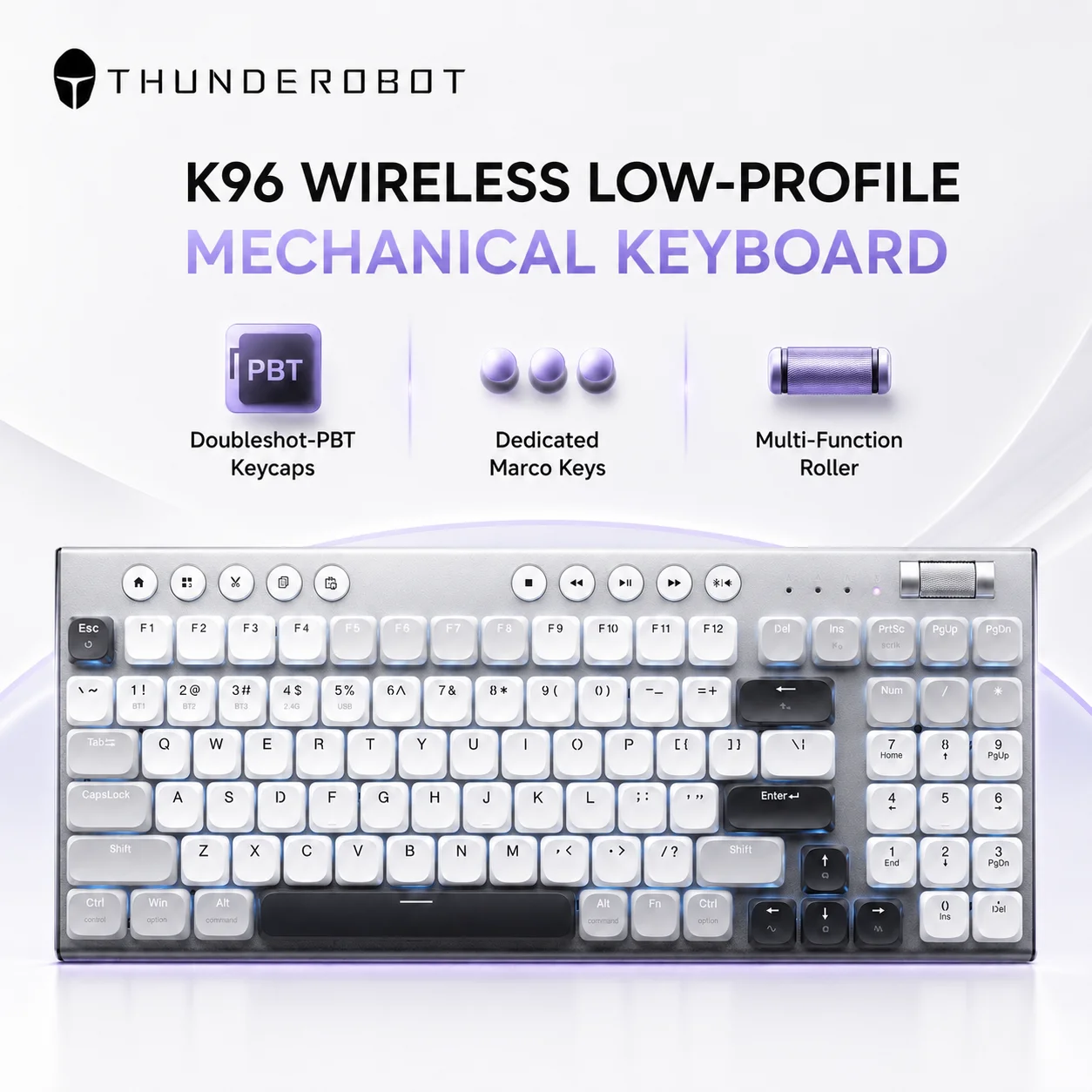 THUNDEROBOT K96 Wireless Mechanical Keyboard Low-profile Productivity Keyboard 98 Keys with Roller Marco Keys PBT Keycaps For PC