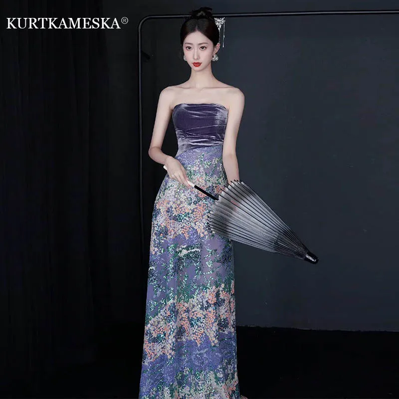 

Elegant Long Prom Evening Guest Party Mermaid Sequin Dresses for Women 2025 Summer Velvet Sexy Strapless Slim Cocktail Dress