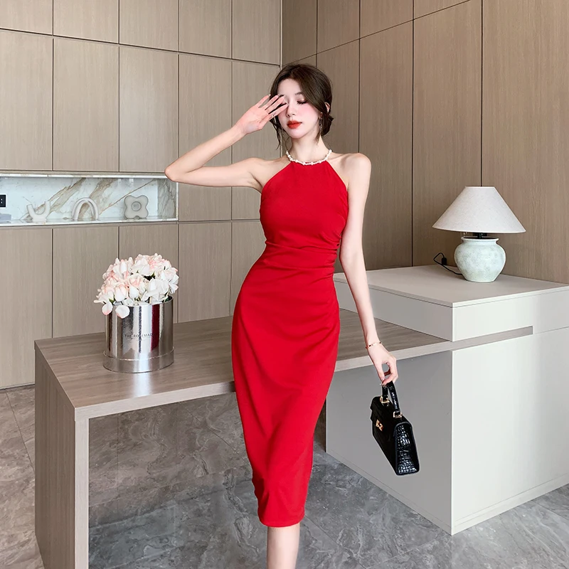 Elegant Sexy Women Dresses Necklace Hanging Neck Sleeveless Off-the-shoulder Dress 2023 Summer Slim Bodycon Party Dress