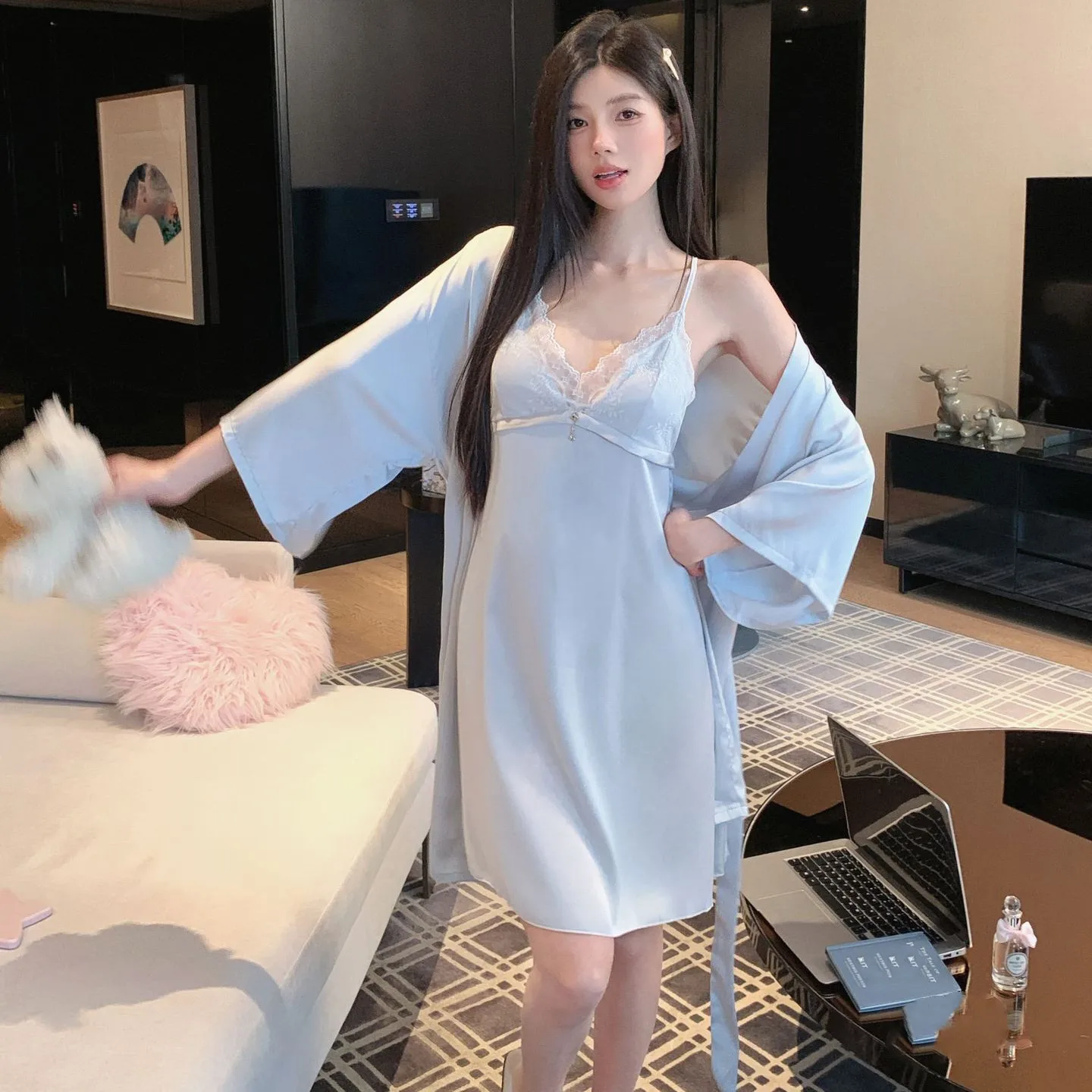 

Женский комплект из 2 предметов: ночная сорочка и халат, сексуальная ночная рубашка на бретельках, летний кимоно-халат, домашняя одежда для отдыха