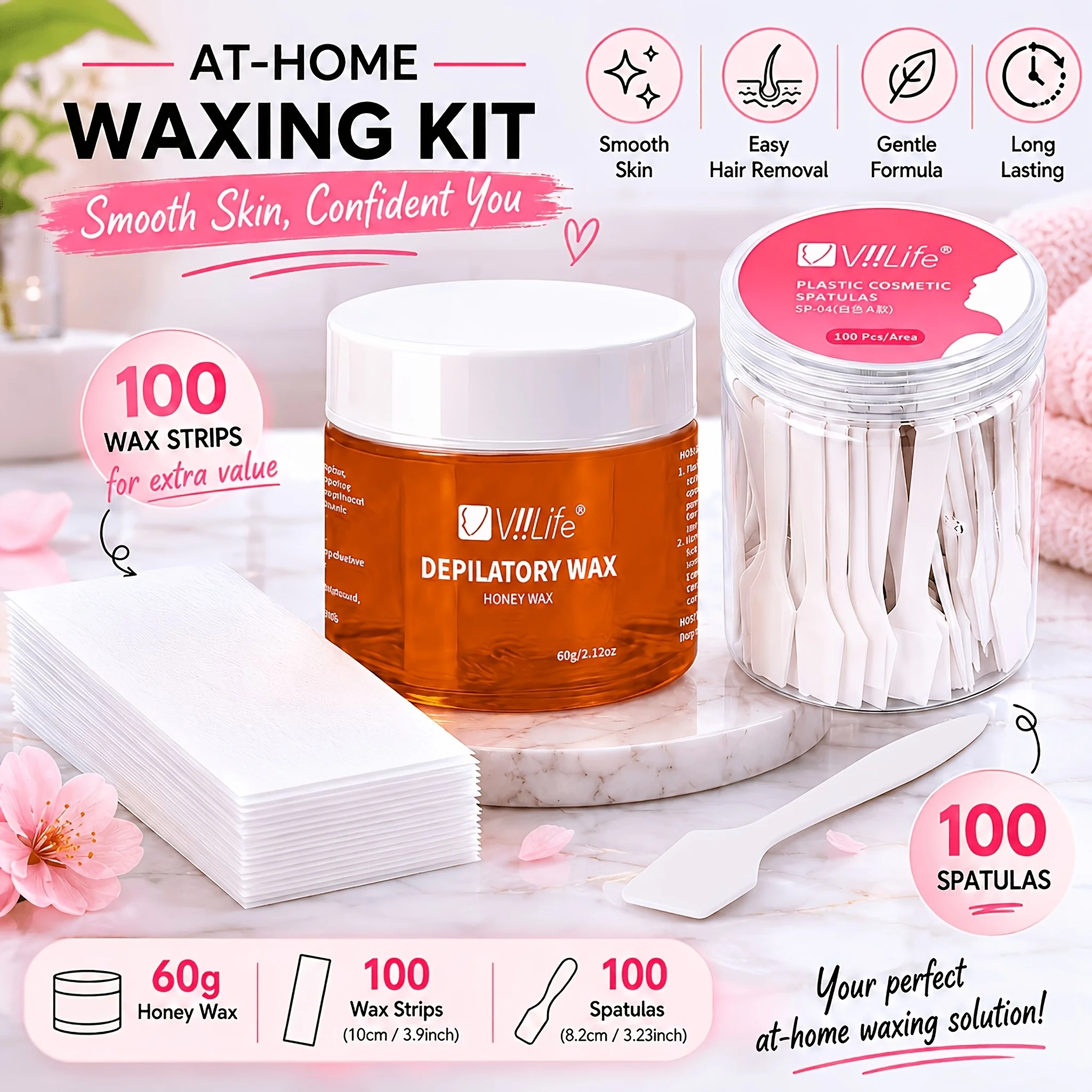 Viilife Portable 60g Natural Honey Wax Kit with 100 Wax Strips 100 Scrapers,Mild Wax for Face Underarm Leg Bikini Sensitive Skin