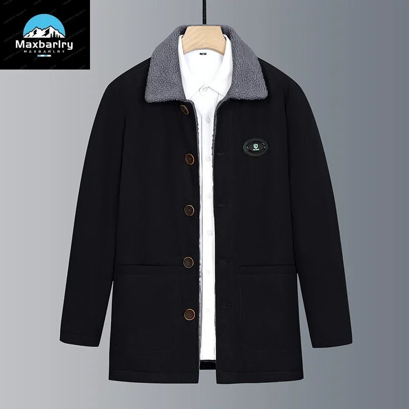 Jacket For Men's  Lamb Fur Collar Solid Color Fashion Urban All-match Plush Corduroy Jacket Thickened Warm Men's Clothing Winter