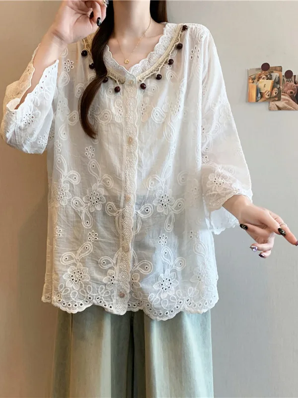 سترة مفتوحة من الدانتيل واللؤلؤ المطرز لربيع وصيف جديد Sle مقاس كبير للنساء فضفاضة من القطن irt سبعة أزرار Sve #2