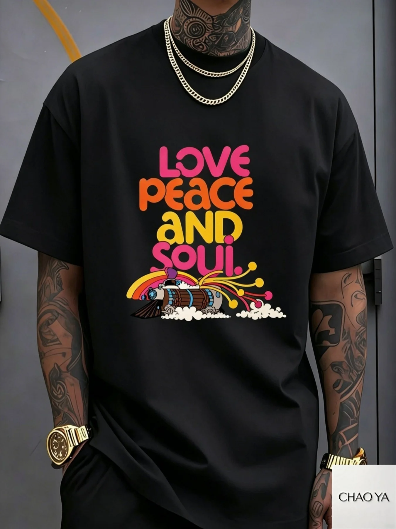 Plus-size Men's Round-neck Multi-color T-shirt- Fashionable Street Style, New Retro Look, Spring-summer Collection, Perfect Gift for Family Gatherings and Y2K Aesthetics, Featuring A 