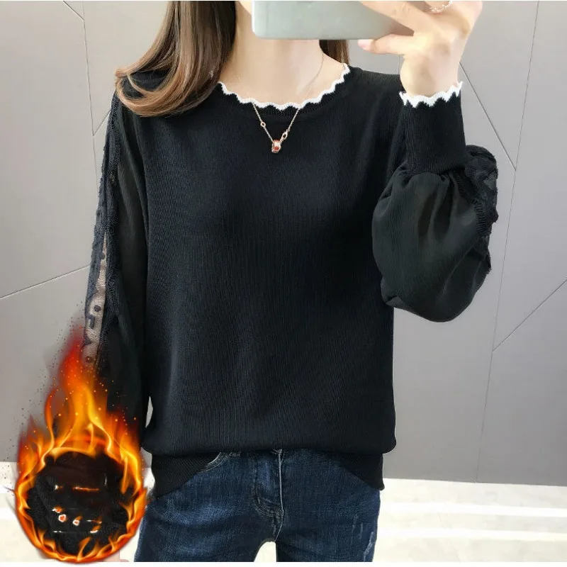 Autumn and Winter Women's Pullover Round Neck Solid Wave Cut Mesh Embroidery Lantern Long Sleeve Sweater Knit Casual Tee Tops