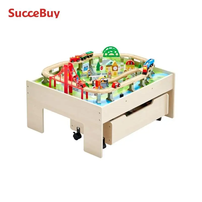 SucceBuy-mesa de tren de madera 3 en 1, juguetes, 100 Uds., mesa de actividades Multicolor para niños con cajón rodante para niños, juguete de dibujo