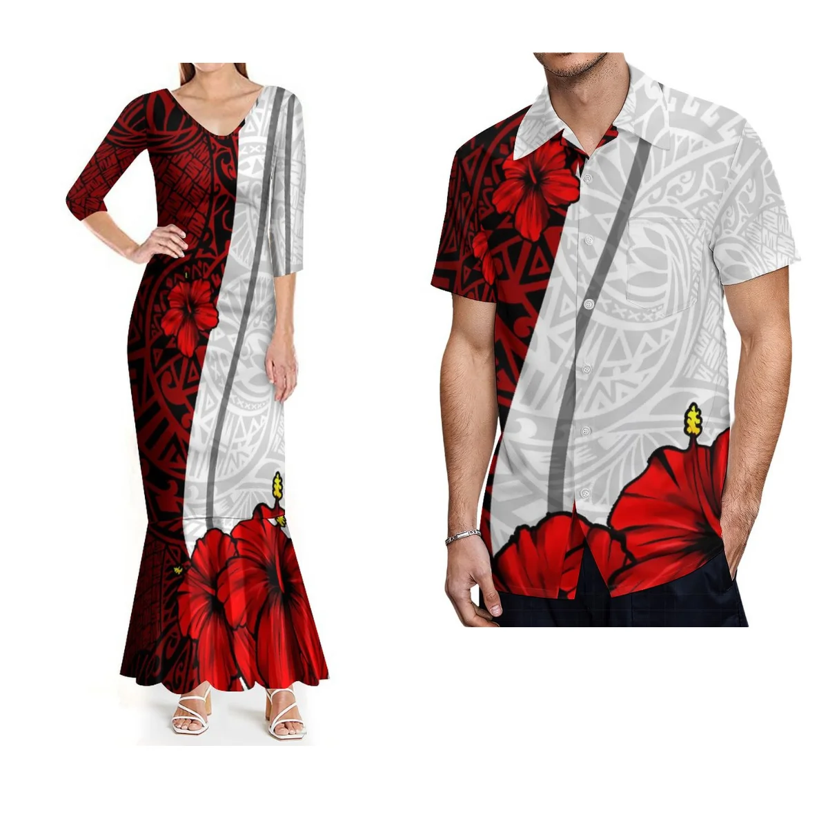 

Samoa Women'S Club Dress Slim Fit Elegant Fishtail Skirt Custom Polynesian Couple Suit Men'S Lapel Casual Shirt Floral Print