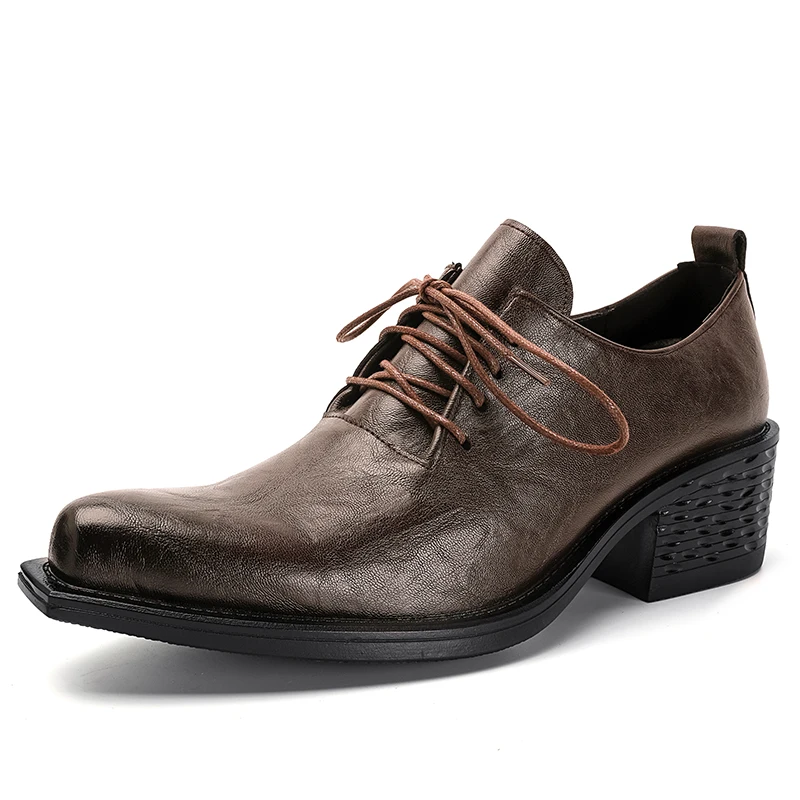 

Men's Casual Leather Shoes Large Sizie：38-46 Lace-Up Business Formal Footwear Classic Brown High-heeled Leather Shoes for Men