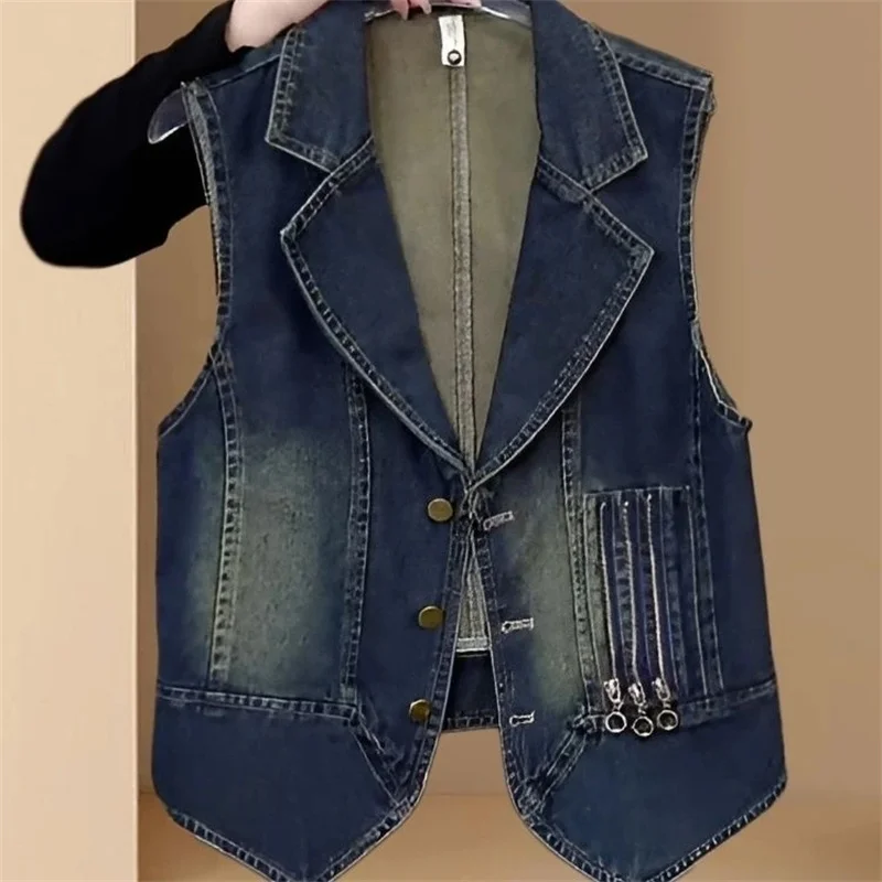 

2025 New Casual Denim Vest Women's Spring Autumn Shoulder Suit Collar Versatile Good-looking Korean Retro Jeans Coat Top Female