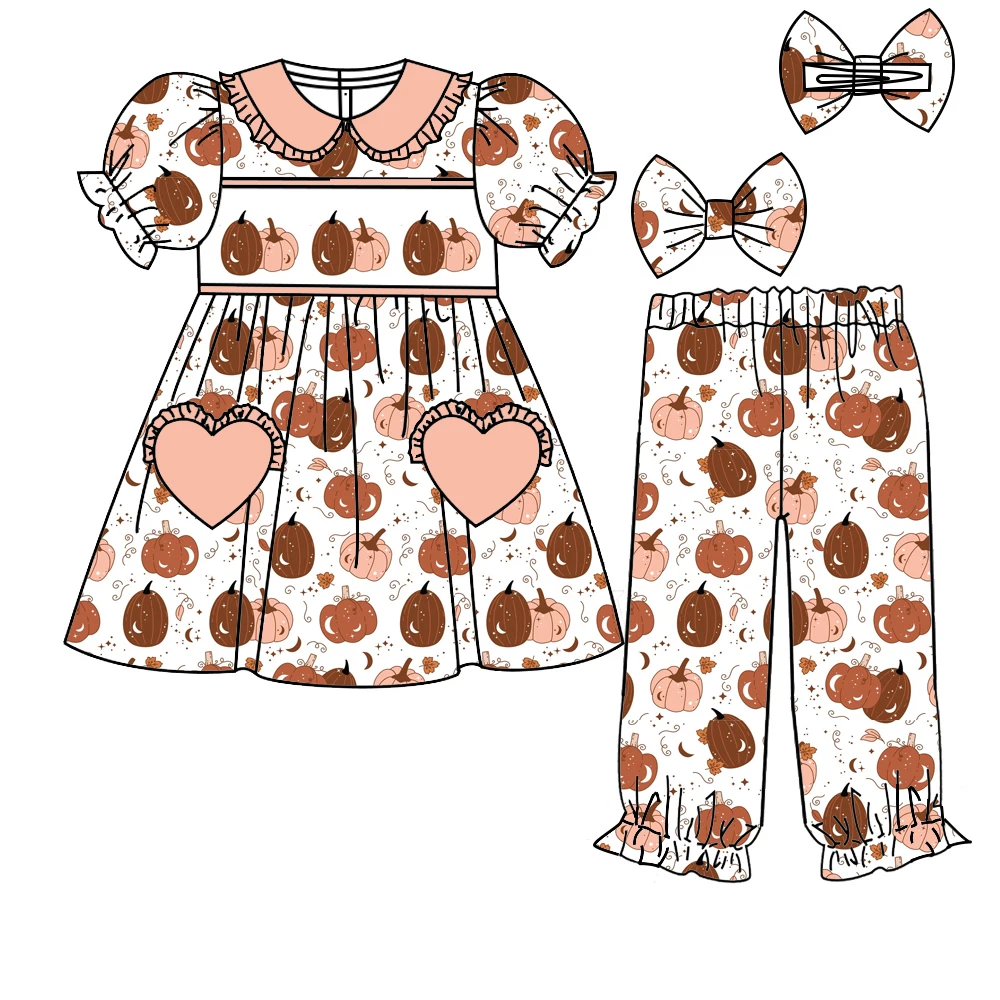 Thanksgiving boutique children's suit short-sleeved elastic pumpkin maple leaf printed trousers girls boys trousers pajama set