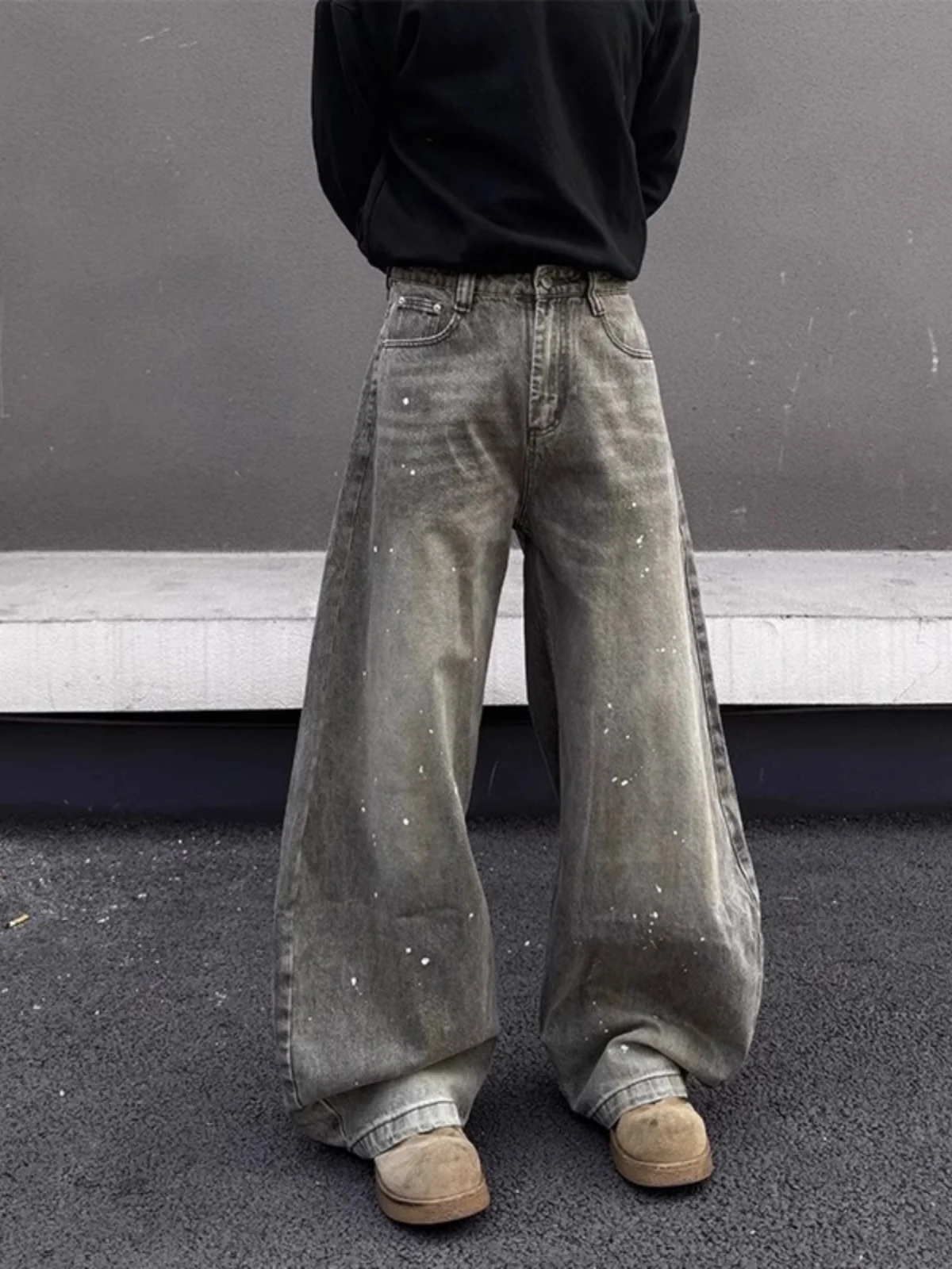Retro American Distred Splaed Ink Baggy Jeans Loose Casual Men's Jeans Lazy Couple's Casual Pants Trendy Straight Leg Jeans