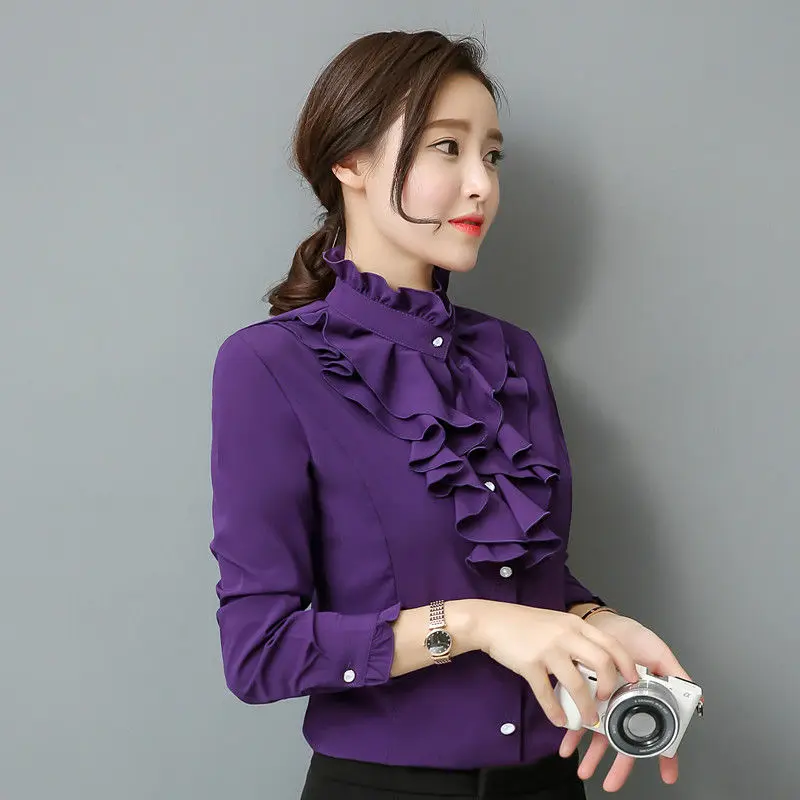 Spring Autumn New Stand Collar Ruffle Long Sleeve Blouse Women's Korean Professional Bottoming Shirt Solid Color Chiffon Shirt