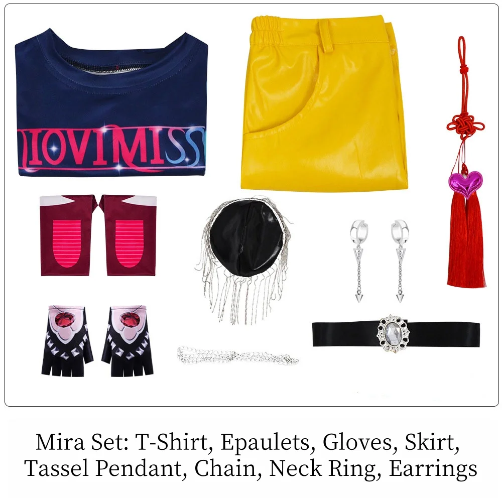K-Pop 용 Mira 코스프레 의상 세트: 악마 헌터 티셔츠 티셔츠 장갑 스커트 펜던트 복장 유니폼 할로윈 카니발 파티