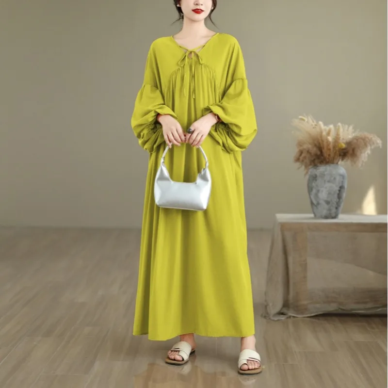 ชุดเดรสทรงเอ ผ้าชีฟองเนื้อนุ่ม สีพื้น ยาวคลุมเข่า ทรงหลวม สไตล์ลำลอง เหมาะสำหรับใส่ไปทำงาน  ผ้าใยทองแดงผสมแอมโมเนีย ทรงกลม  รุ่น Ne A-Line Dr