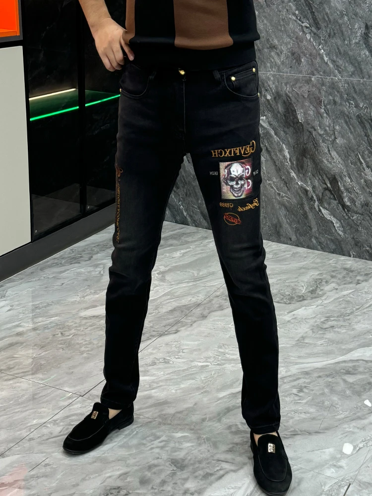 

Bla Embroidered Slim Fit Men's Jeans Elastic Casual Wear Resistant Wear Spring Summer New Sle Faionable Small Foot Pants