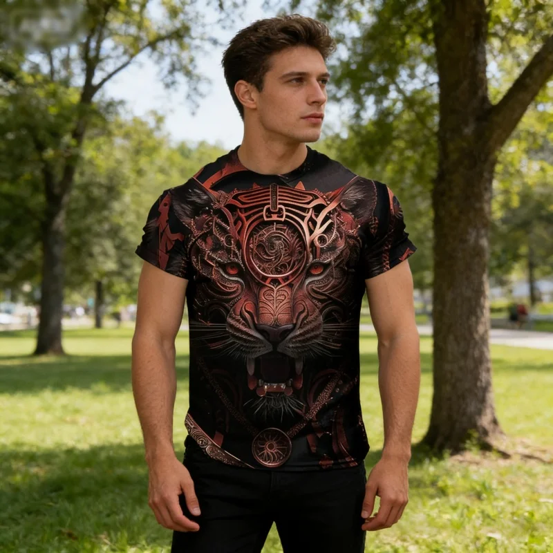 

Summer casual printed T-shirt 3D printed short sleeved street shot plus size top fashionable casual wear men's lion knit sweater