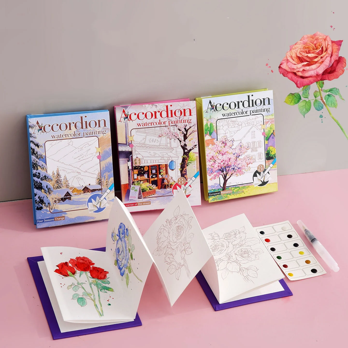 

Portable Watercolor Painting Kit with Built-in Paints, Foldable Coloring book Art Supplies for Coloring & Doodle Creativity