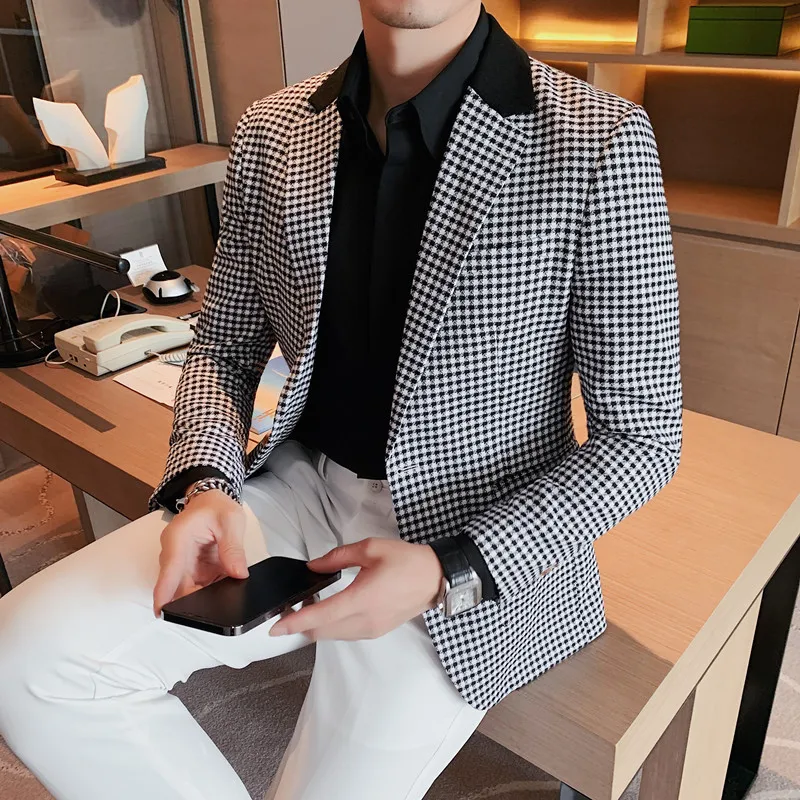 2024 Autumn Winter Korean  Houndstooth Blazer Jackets Fashion Color Matching Lapel Design Casual Men\'s Plaid Suit Coat Tuxedo