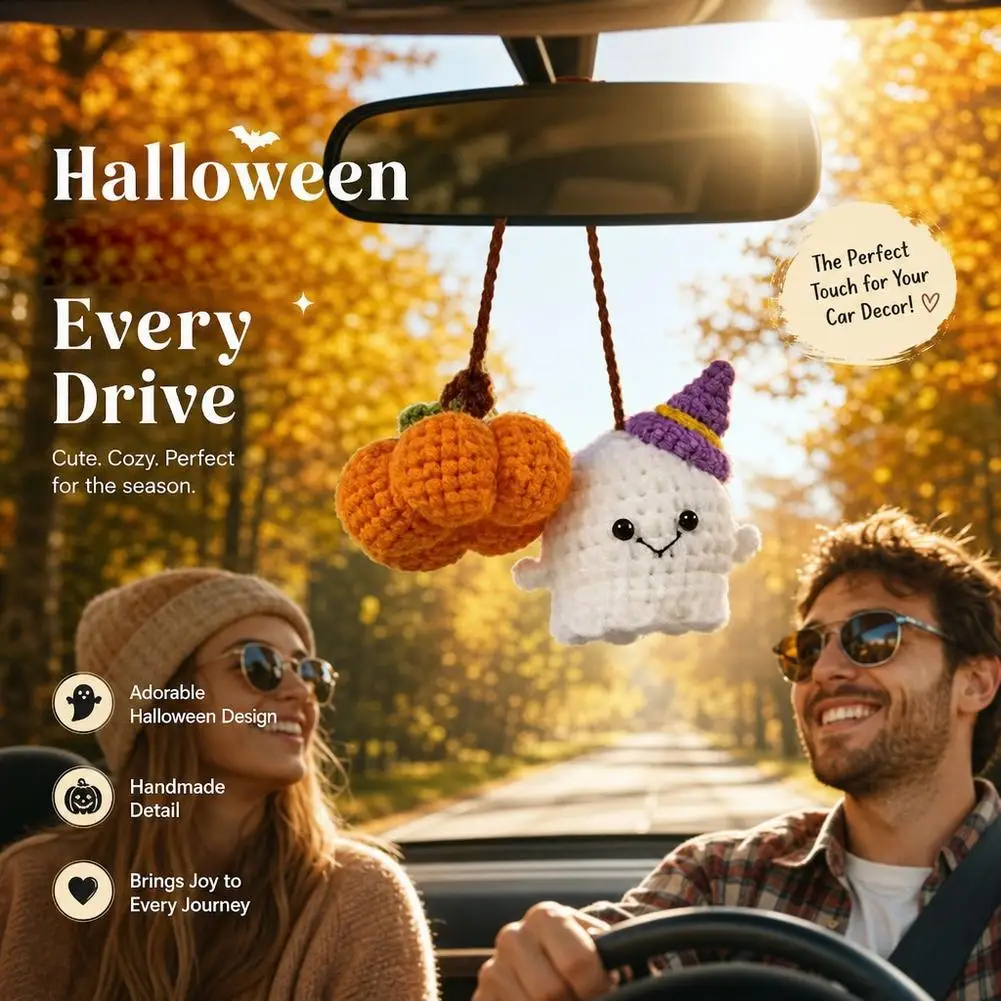 Kürbis-Geist Auto-Spiegel-Hängeornament, Handgemachte Gehäkelte Rückspiegel-Dekoration für Halloween, Weicher Garn-Auto-Anhänger-Dekor – Detail 5
