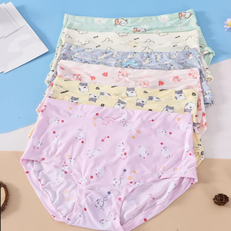 Plus Size Breathable Mesh Ice Silk Underwear High Waist Cute Cartoon Print Comfortable Briefs Couple Sweet Intimates Panties