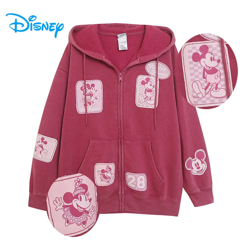 Felpa con cappuccio patchwork Disney Topolino Minnie da donna Casual con zip in pile con cappuccio Giacca da donna Cartoon Jumper Top Streetwear