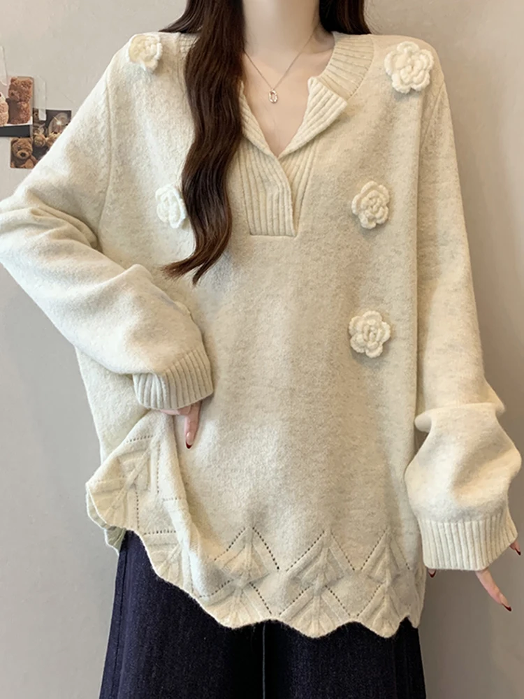 

Spring New Sle Women's Long Sve Knitted Top Casual Loose Fit V-Ne Outerwear Floral 3D Design Slimming Base Layer