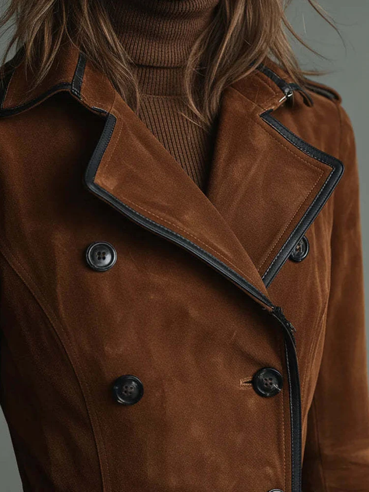 

Винтажный коричневый плащ с лацканами и длинными рукавами, двубортная женская куртка с карманами для отдыха, осенне-зимняя темпераментная меховая верхняя одежда