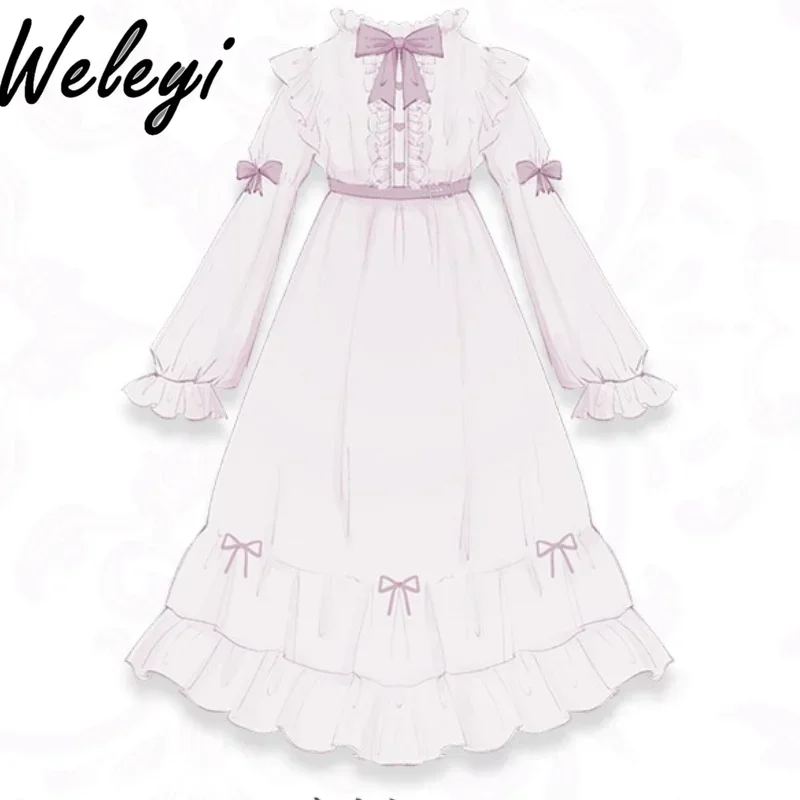 

Sweet Vintage Elegant Bow Dresses Lolita Women Clothes 2024 Autumn New Long Dress Fashion Pleated A Line Miss Princess Sukienki