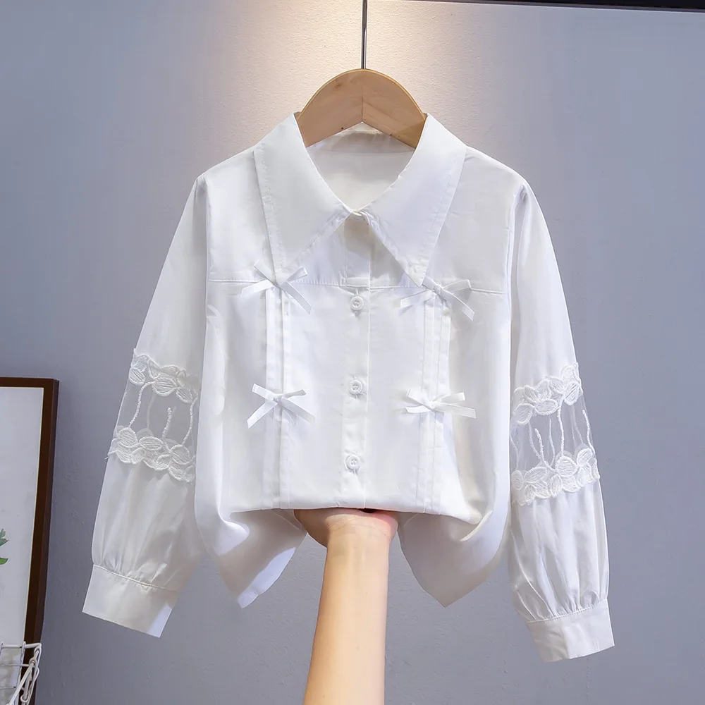 Girls' Cotton White Shirt Spring and Autumn Long Sleeves Lace Peter Pan Collar Korean Student Class Uniform Children's Top