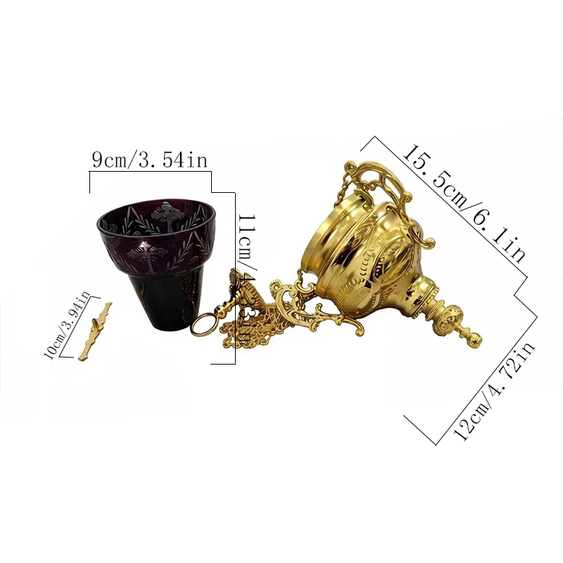 

Vintage Gold Plated Orthodox Hanging Incense Burner Censer with Purple Glass Cup for Church Liturgy Home Altar Christian Gift