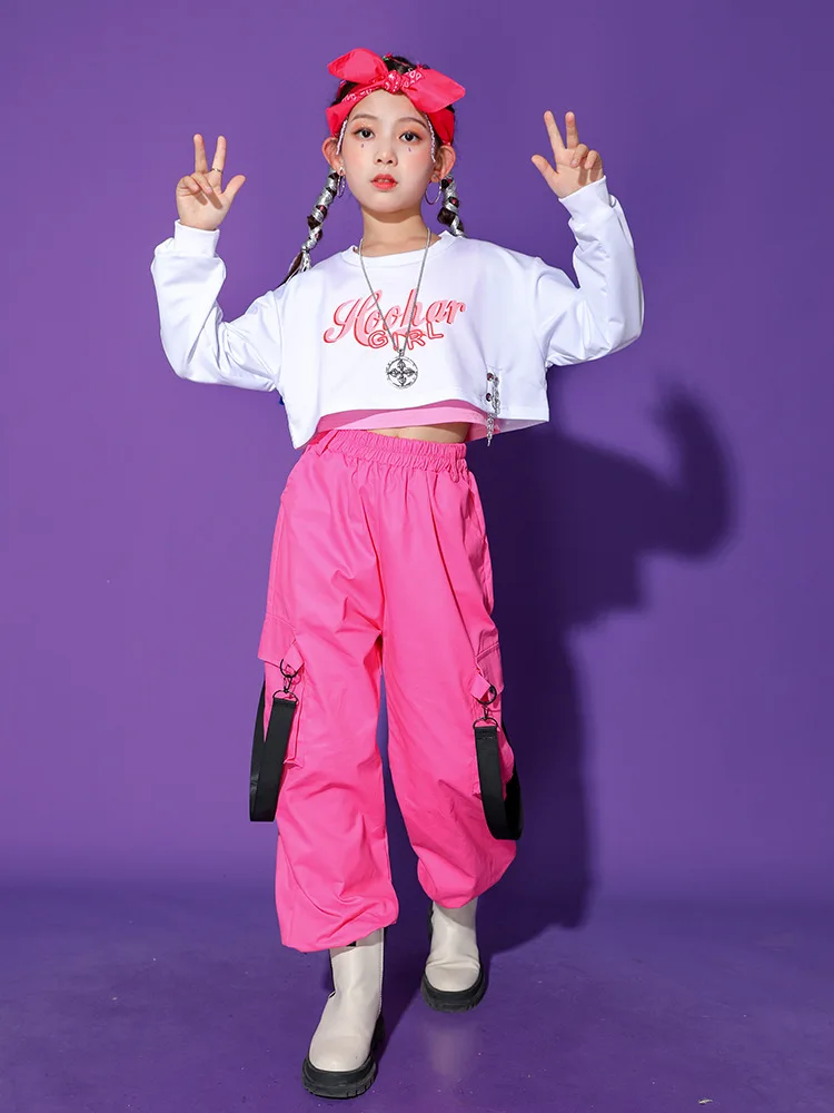 Girls Hip Hop Crop Top Pink Cargo Pant Kids Sweatshirt Street Dance Clothes Sets Child Jazz Sweet Outfit Teen Streetwear Costume