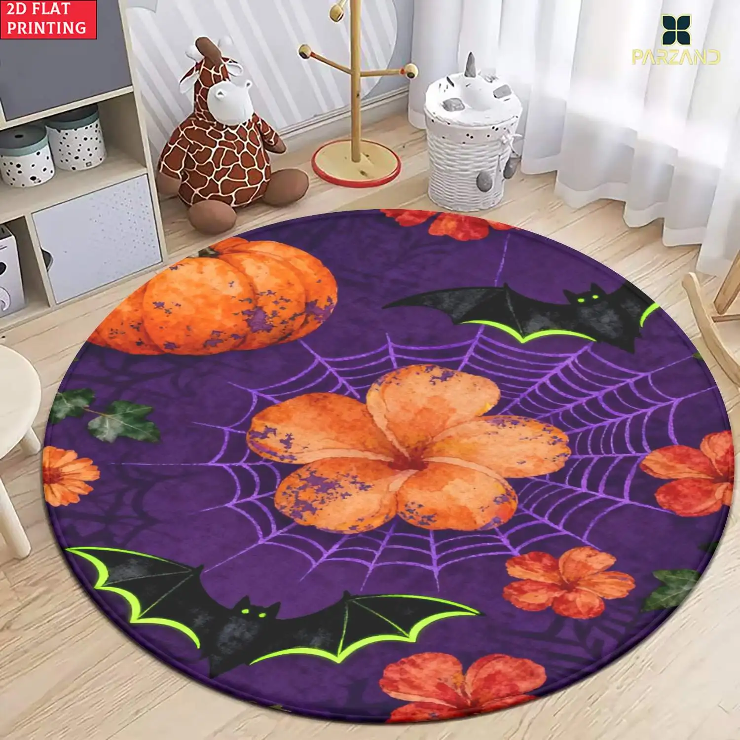Round Halloween Area Rug Polyester Floor Mat Spooky Decor Bat Spider Web Pumpkin Cushion for Living Room Seasonal Party