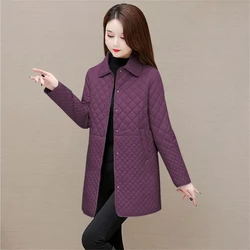 Mid-length Diamond Plaid Jacket Women's Overcoat New Spring  Autumn Light Cotton Coat Mother's Loose Warm Cotton-Padded Coat