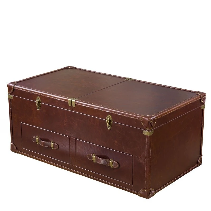 

Coffee table leather box industrial style creative retro European imported oil wax leather personalized tea table retractable
