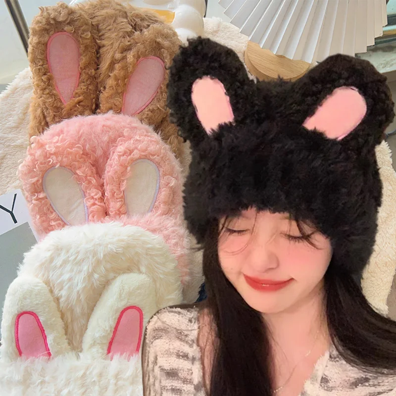 Plush Rabbit Ears Cute Beanies Autumn Winter Warm Soft Hat Hip Hop Cap Beanie Caps Solid Color Elastic Hats for Women Bonnets