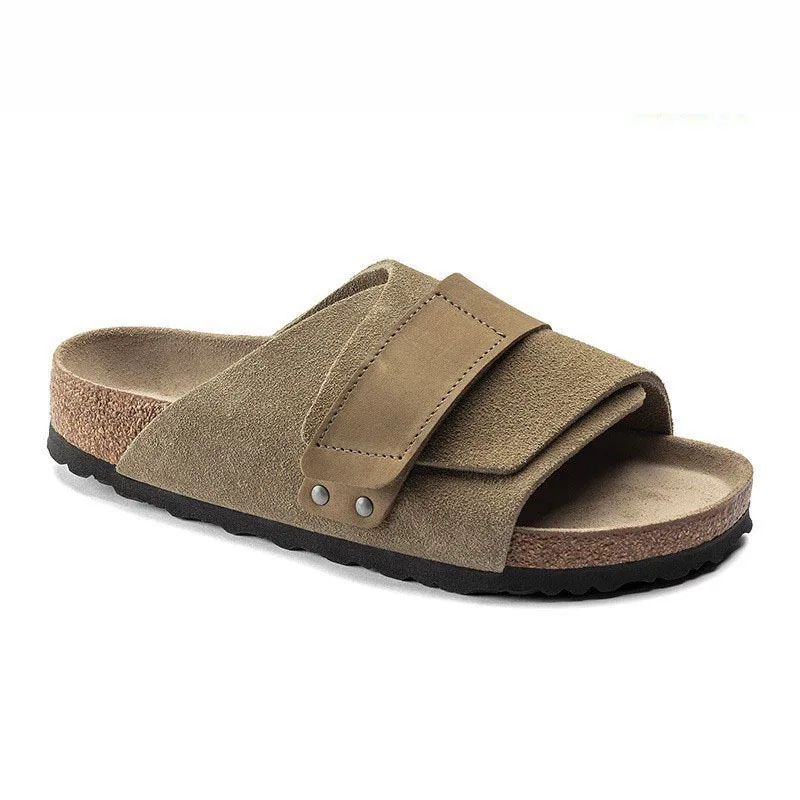 

Leather single button men's and women's soft soled cork beach slippers Velcro sandals