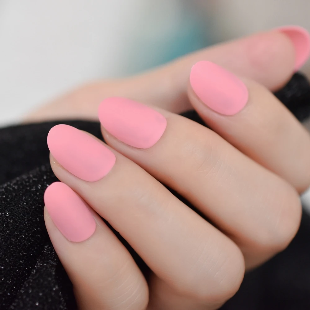 Shoft Pink Frosted Fake Nails Tips Matte Surface False Nails Short Round Acrylic Nail DIY Salon Nail Art faux ongles