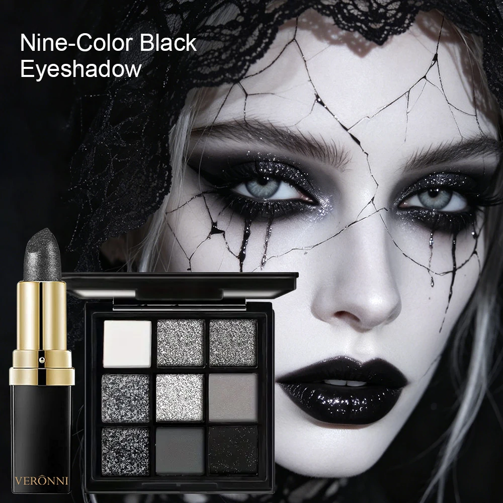 2pcs Gothic Style Makeup Set,Black Lipstick & Long-Lasting Waterproof Eyeshadow Palette,Smoky Black Shades for Halloween,Parties