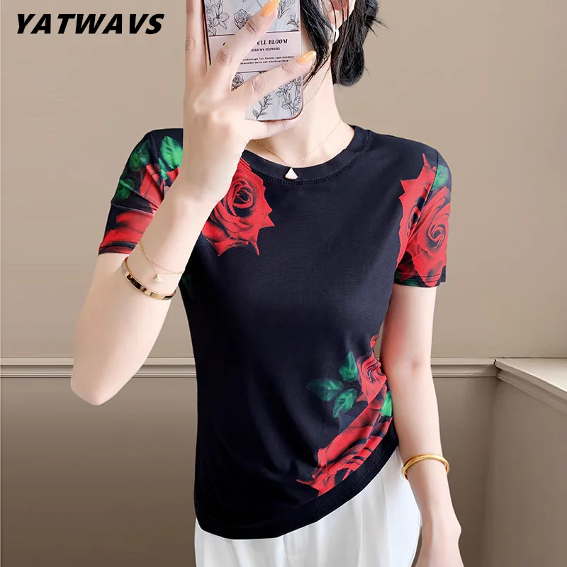 

Fashion Summer Korean Women's Rose Print Short Sleeve T-Shirt Streetwear All Match Casual Mesh Tees O-Neck Slim Top Blouse