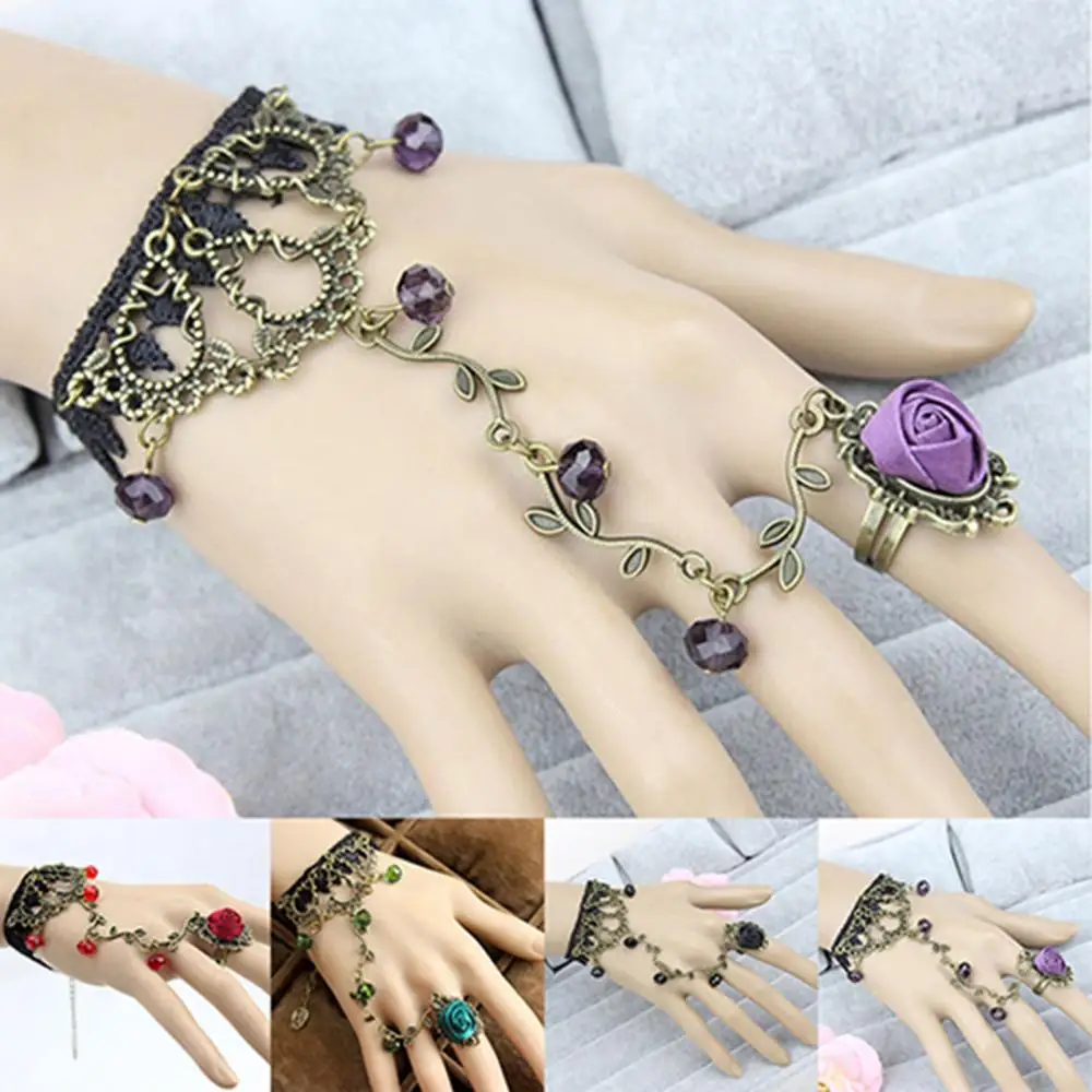 Retro Gothic Women Lace Flower Hand Slave Harness Bracelet Chain Ring Jewelry